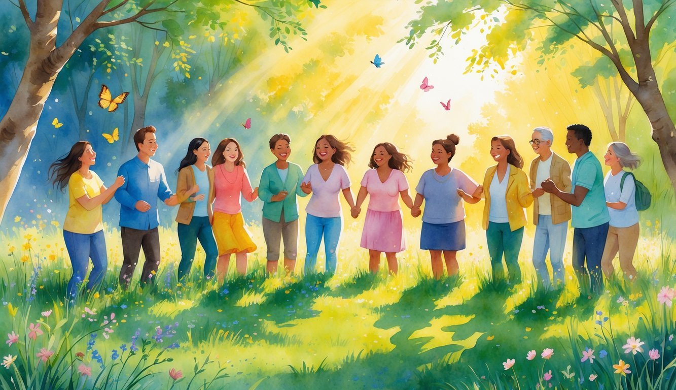 A group of people smiling and enjoying time together in a sunlit meadow surrounded by flowers, trees, butterflies, and birds.