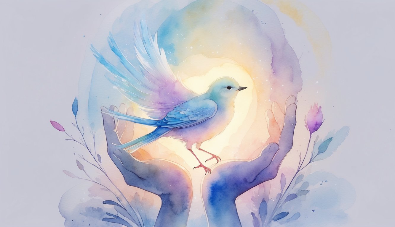 A glowing bird perched inside a human silhouette surrounded by soft floral shapes, symbolizing hope within a soul.