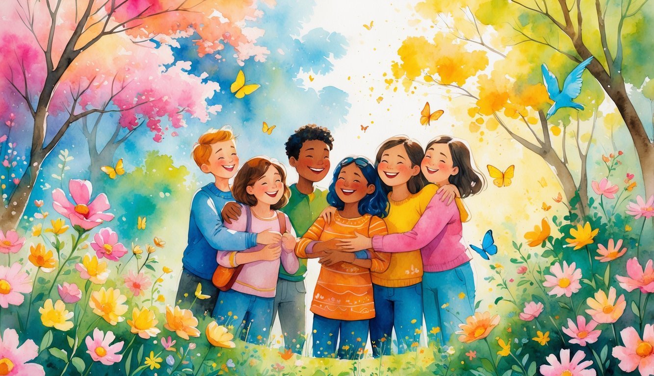 A group of smiling people happily embracing in a sunlit garden filled with blooming flowers, butterflies, and birds.