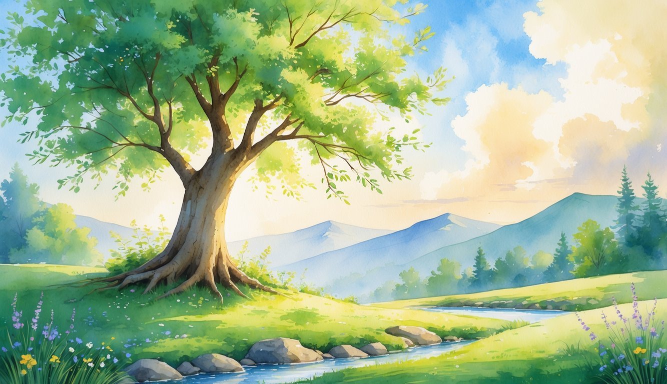 A tree with green leaves and blossoms on a hill near a flowing stream, surrounded by wildflowers, with mountains and a bright sky in the background.