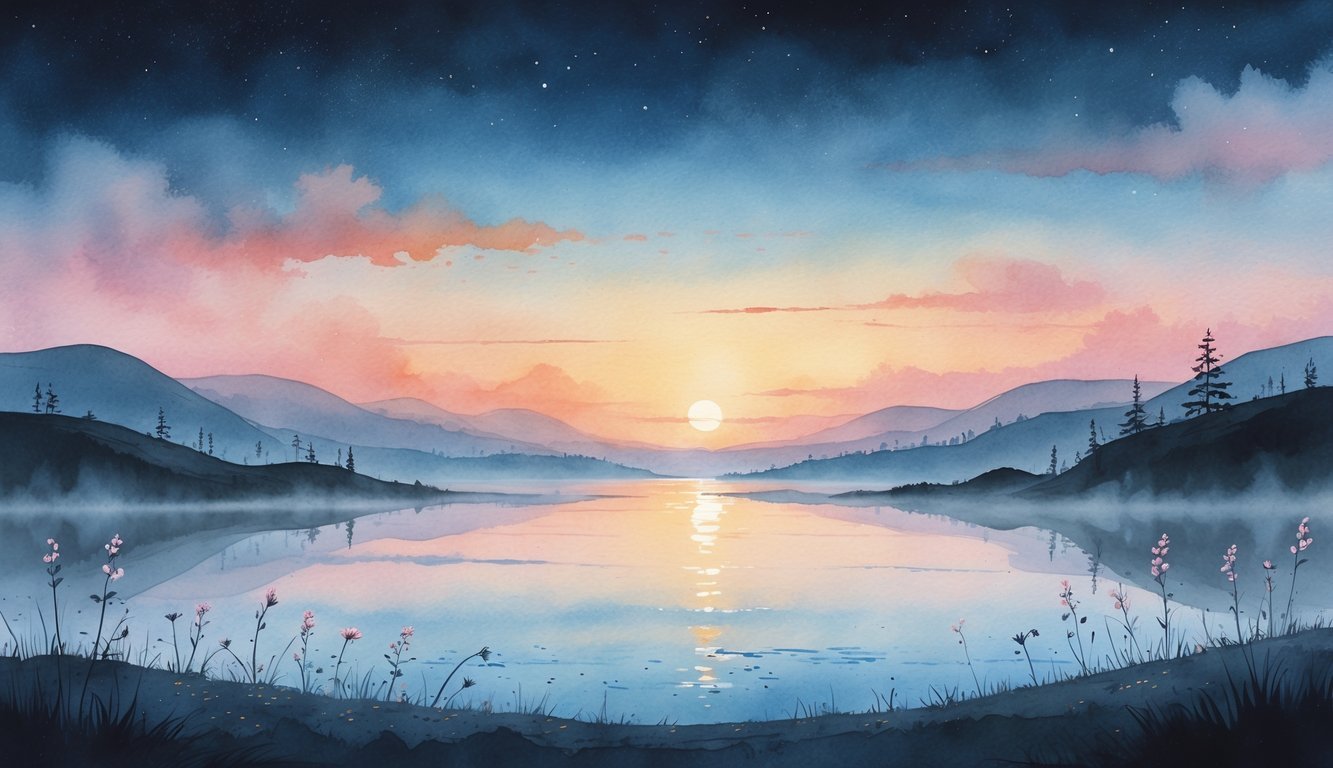 A peaceful sunrise over rolling hills and a calm lake with wildflowers in the foreground and mist rising from the water.