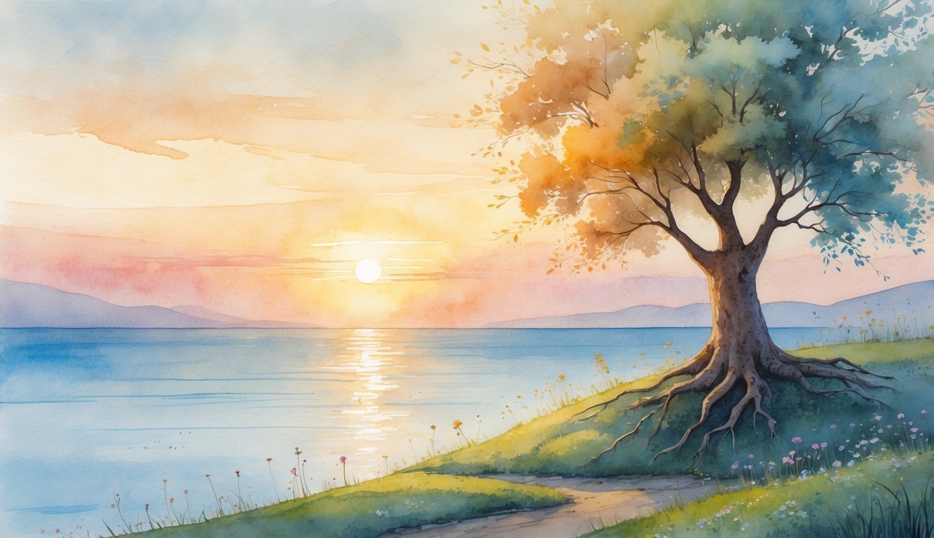 A peaceful sunrise over a calm sea with a tall tree on a hill and wildflowers at its base.