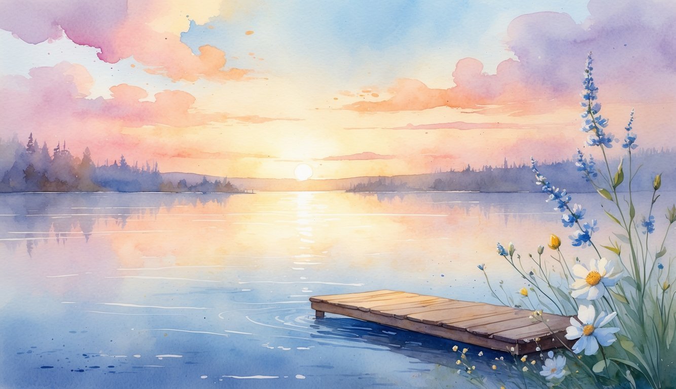 A peaceful sunrise over a calm lake with a wooden dock and blooming wildflowers by the shore.