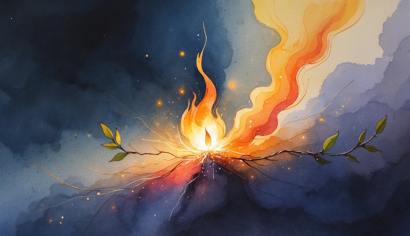 A small glowing spark growing into bright flames surrounded by gentle light and budding leaves, symbolizing hope and transformation.
