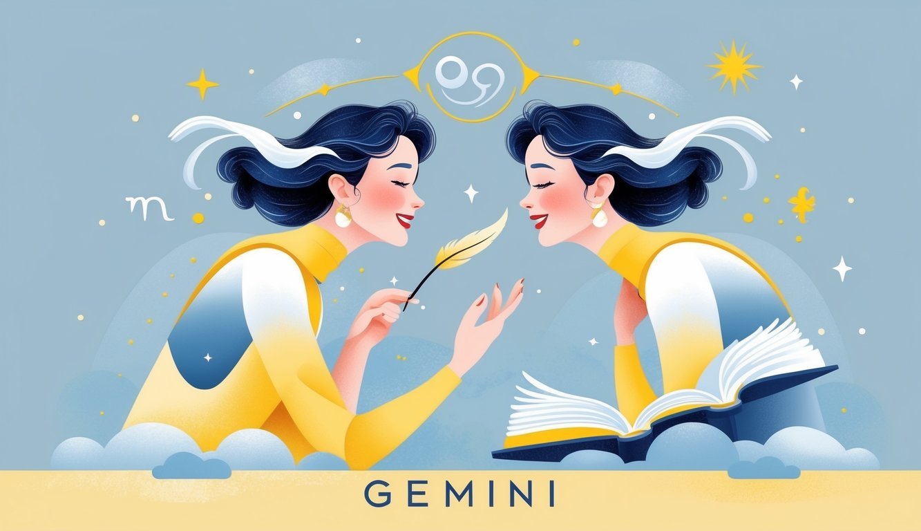 Two young figures representing Gemini twins engaged in animated conversation surrounded by stars and zodiac symbols.