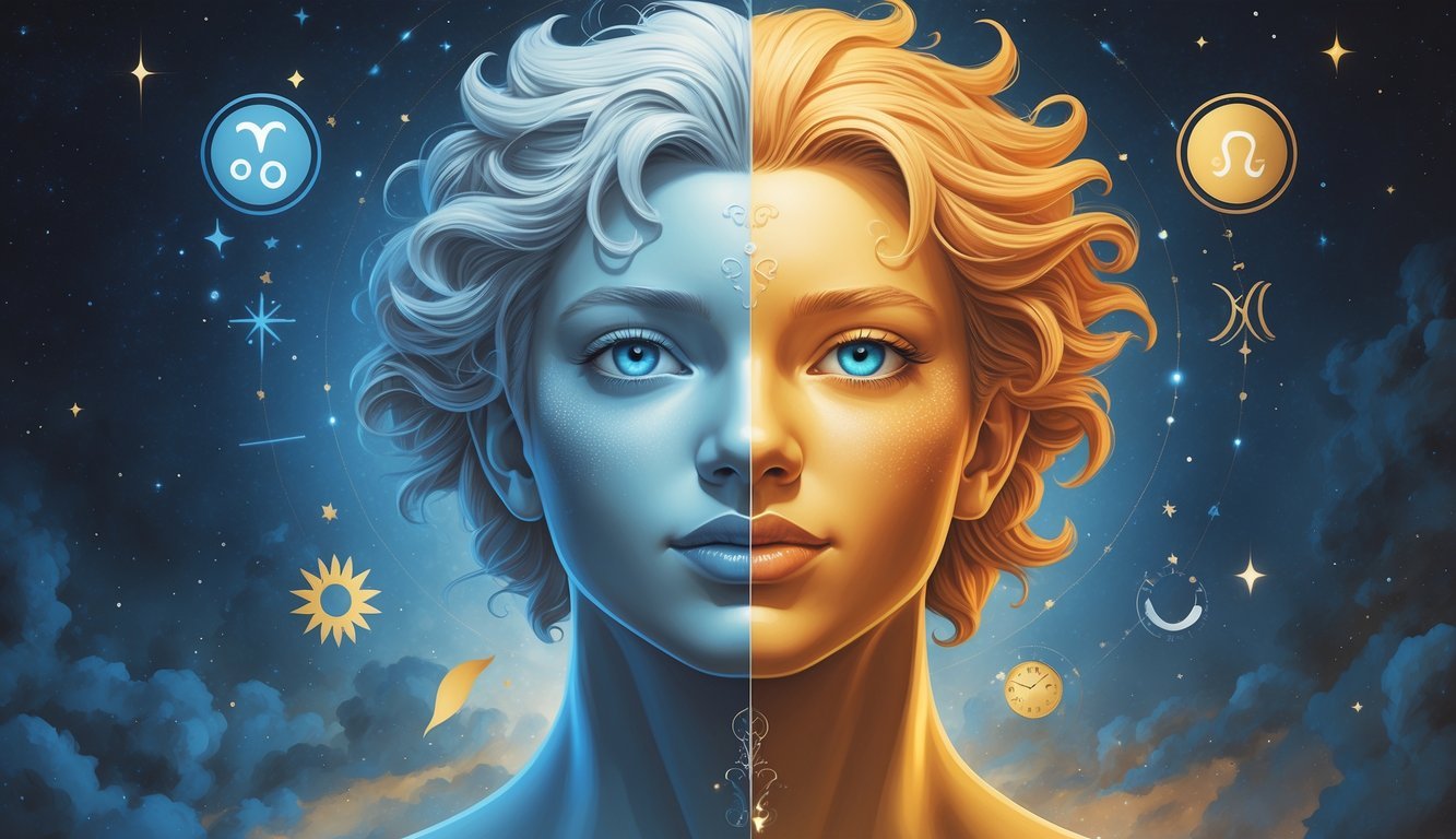 A person split into two contrasting halves, one calm and reflective, the other lively and energetic, standing back-to-back against a starry cosmic background with zodiac symbols.