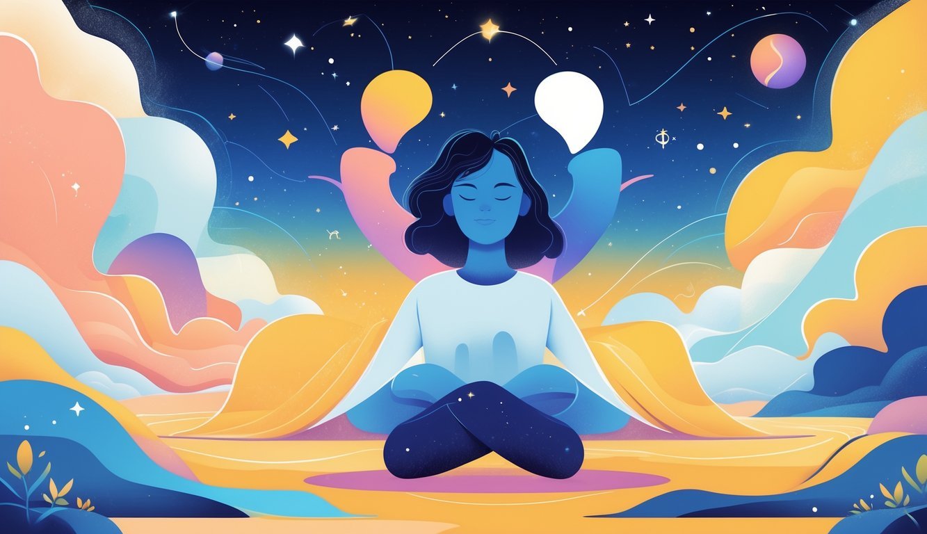 A confident person with two faces looking in different directions, surrounded by flowing shapes and a background transitioning from day to night, symbolizing adaptability and change.