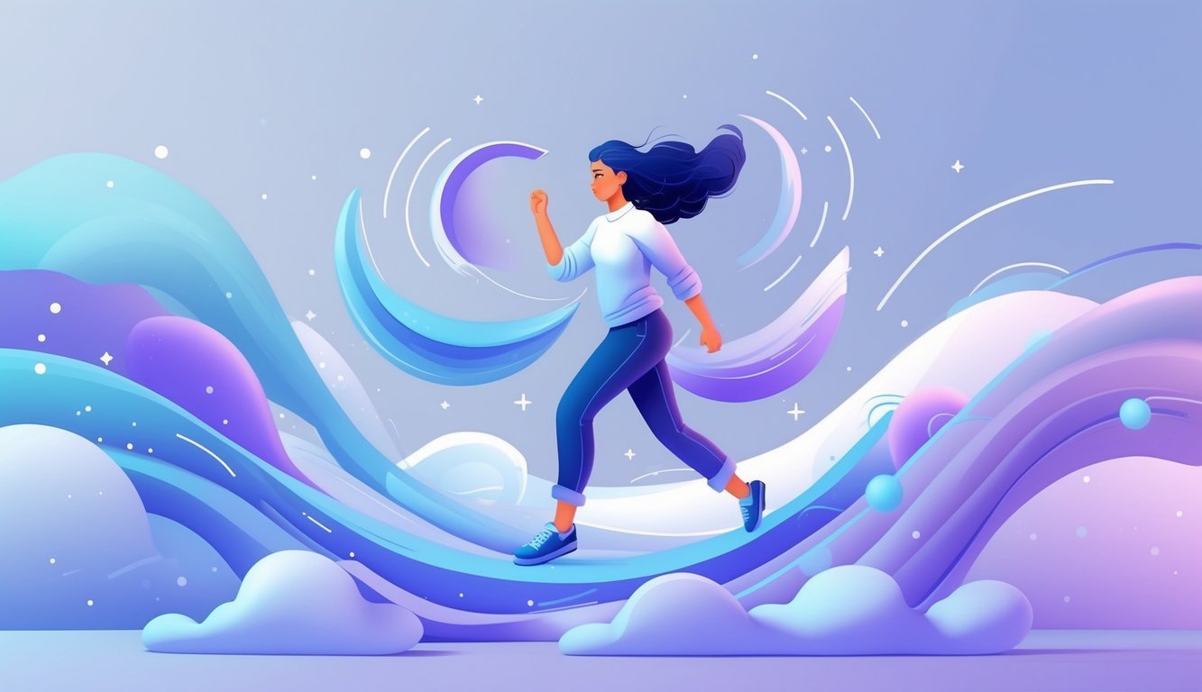 A person with two contrasting expressions stands in a flowing environment with swirling shapes and stars, representing adaptability and versatility.