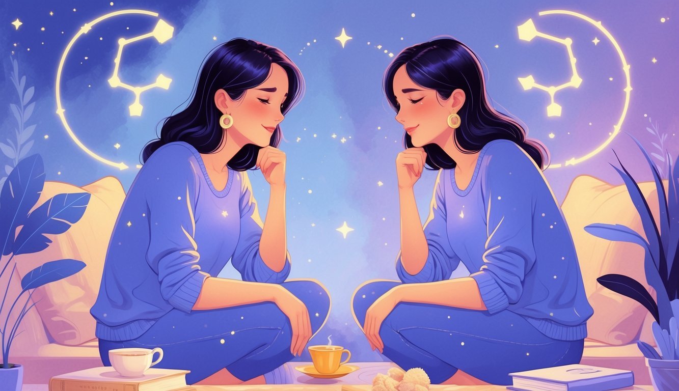 Two twins sitting closely in a cozy room, engaged in a deep and trusting conversation with soft celestial elements in the background.