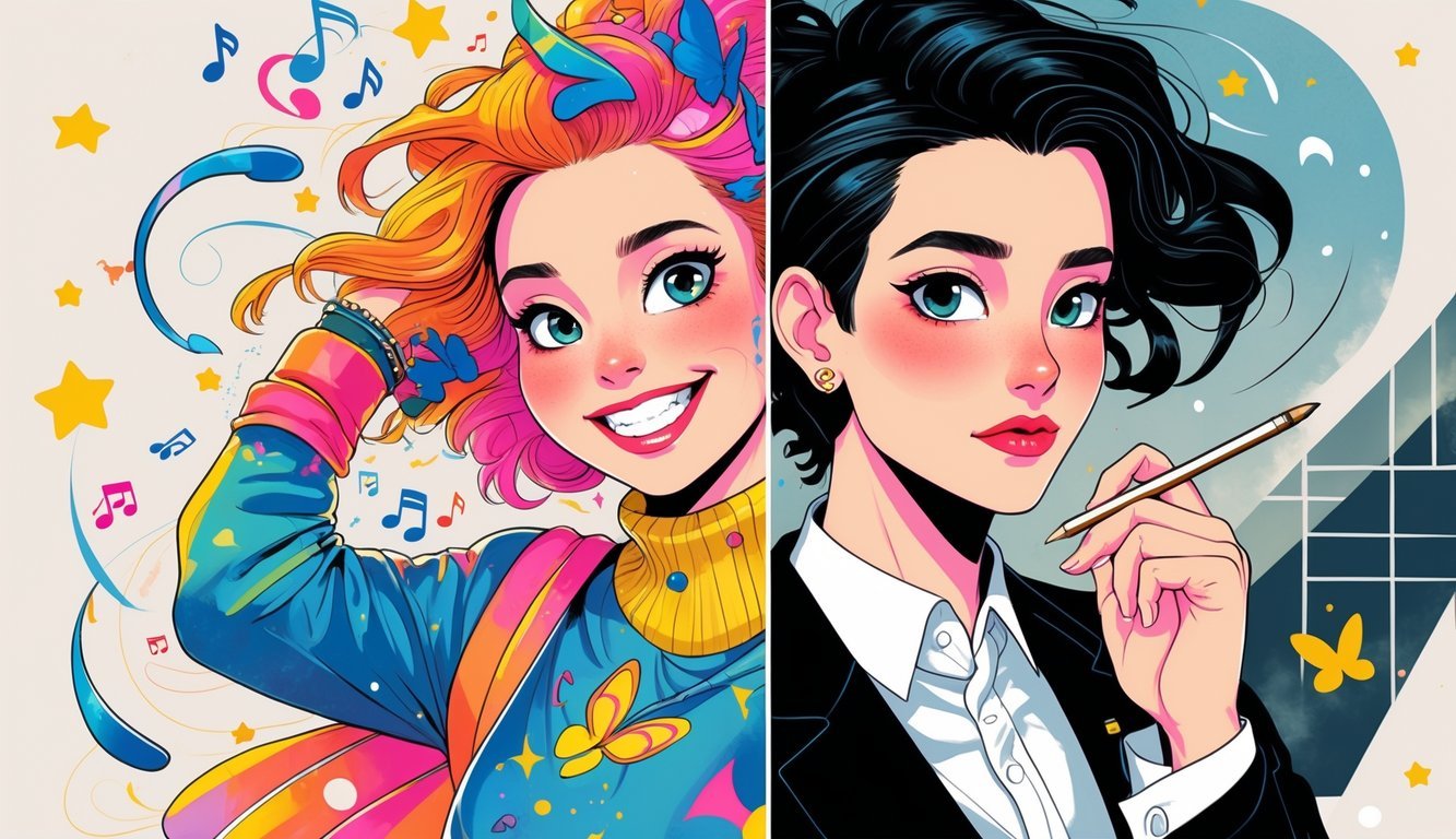 A person split into two halves: one side playful and smiling with colorful surroundings, the other side serious and thoughtful with a calm background.