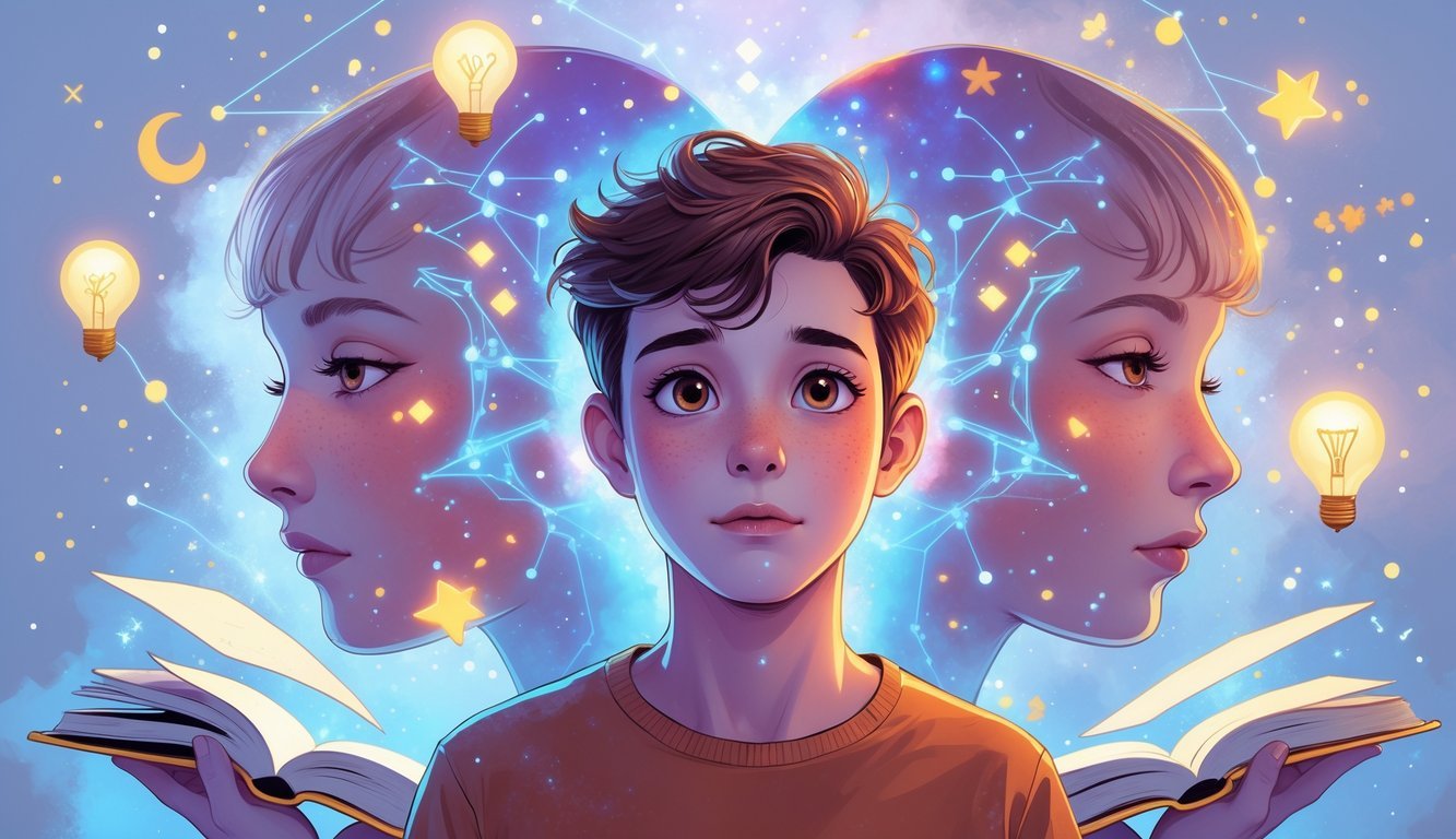 A thoughtful young person surrounded by two translucent twin figures and floating symbols of knowledge and stars, representing Gemini's curiosity and dual nature.