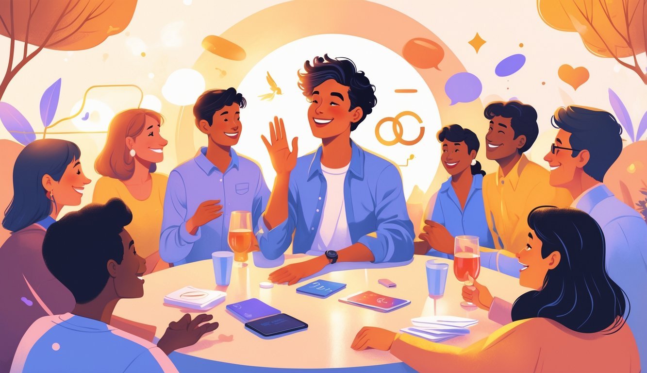 A person smiling warmly and engaging with a diverse group of people in a lively setting, surrounded by subtle twin-themed elements symbolizing Gemini traits.