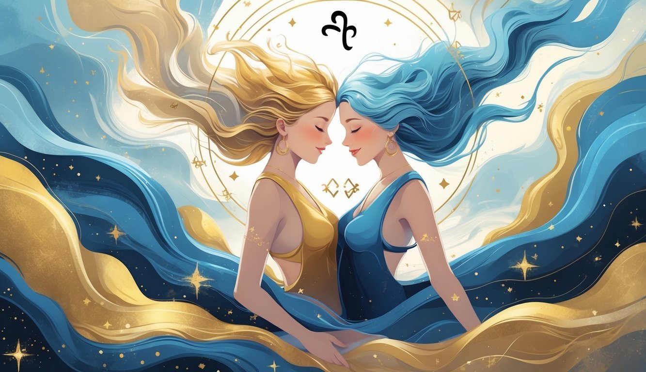 Two intertwined figures representing Gemini, one calm and one energetic, surrounded by stars and a zodiac symbol against a flowing blue and gold background.