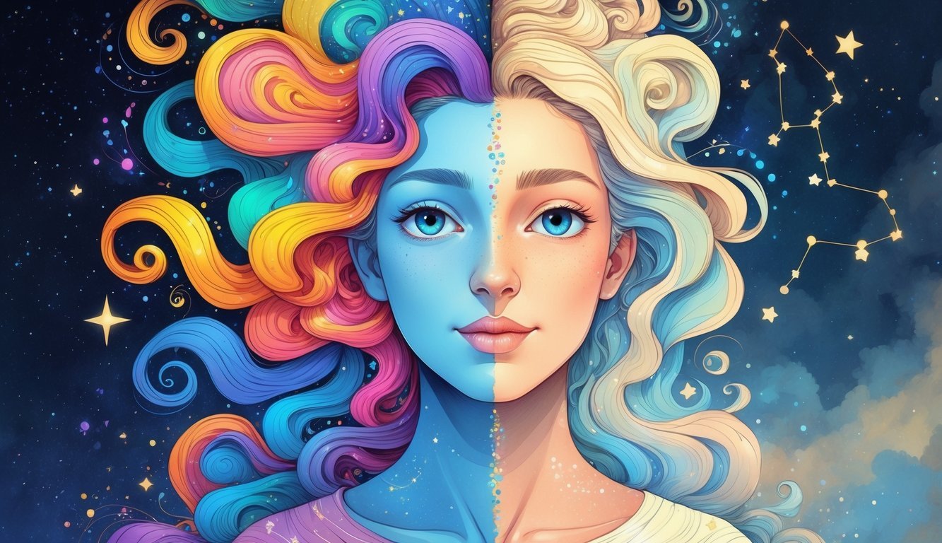 A person shown with two contrasting sides: one colorful and lively, the other calm and reflective, surrounded by stars and the Gemini constellation.
