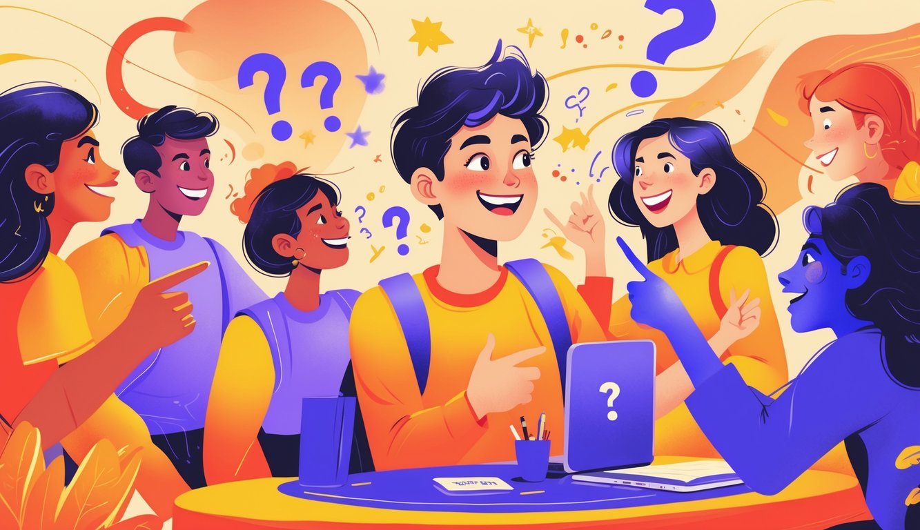 A young person animatedly talking with others, showing lively expressions and gestures that suggest quick wit and engaging personality.