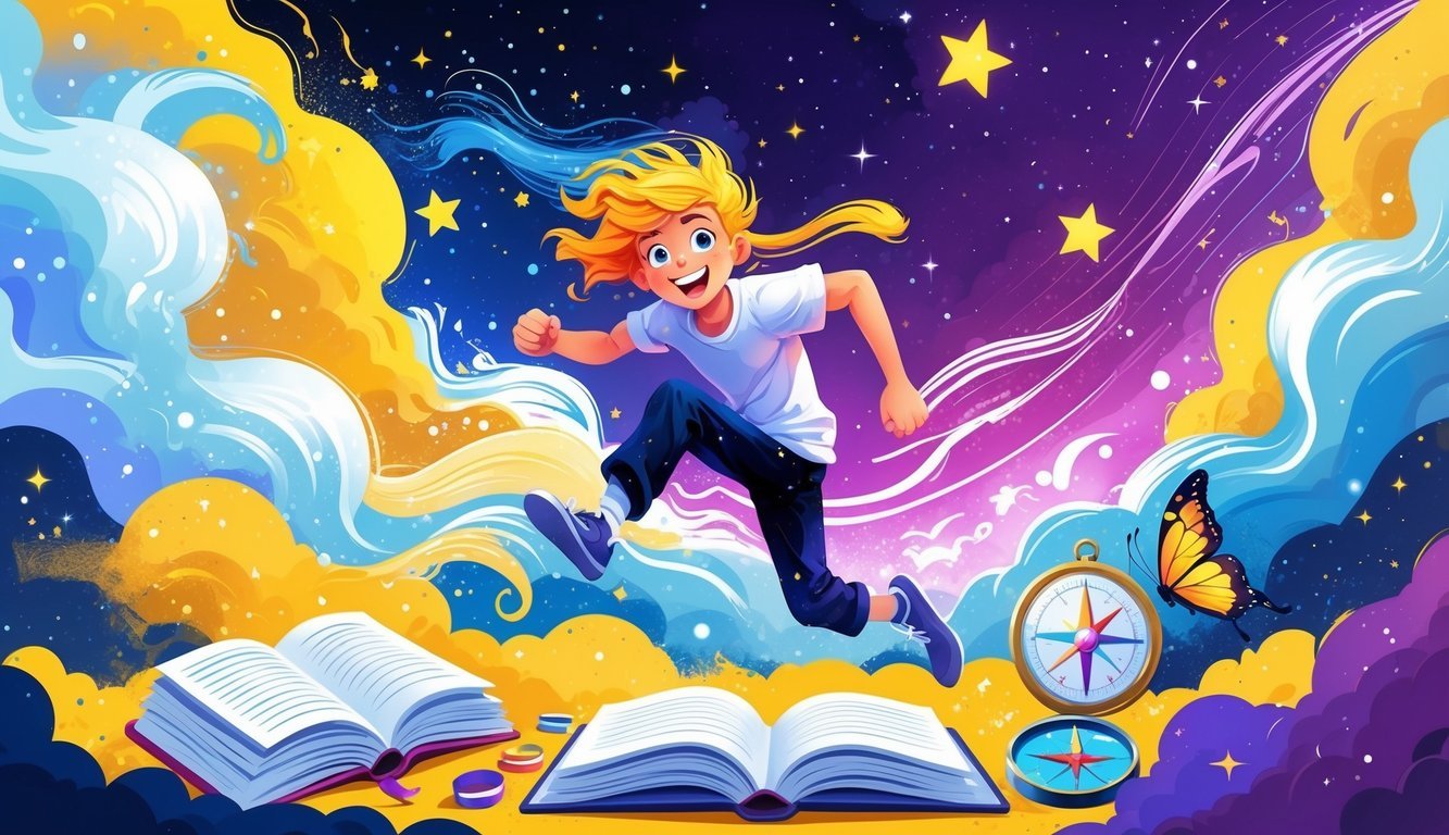 A lively young person surrounded by swirling winds, stars, and twin butterflies, with a background shifting between day and night, symbolizing energy, curiosity, and adventure.