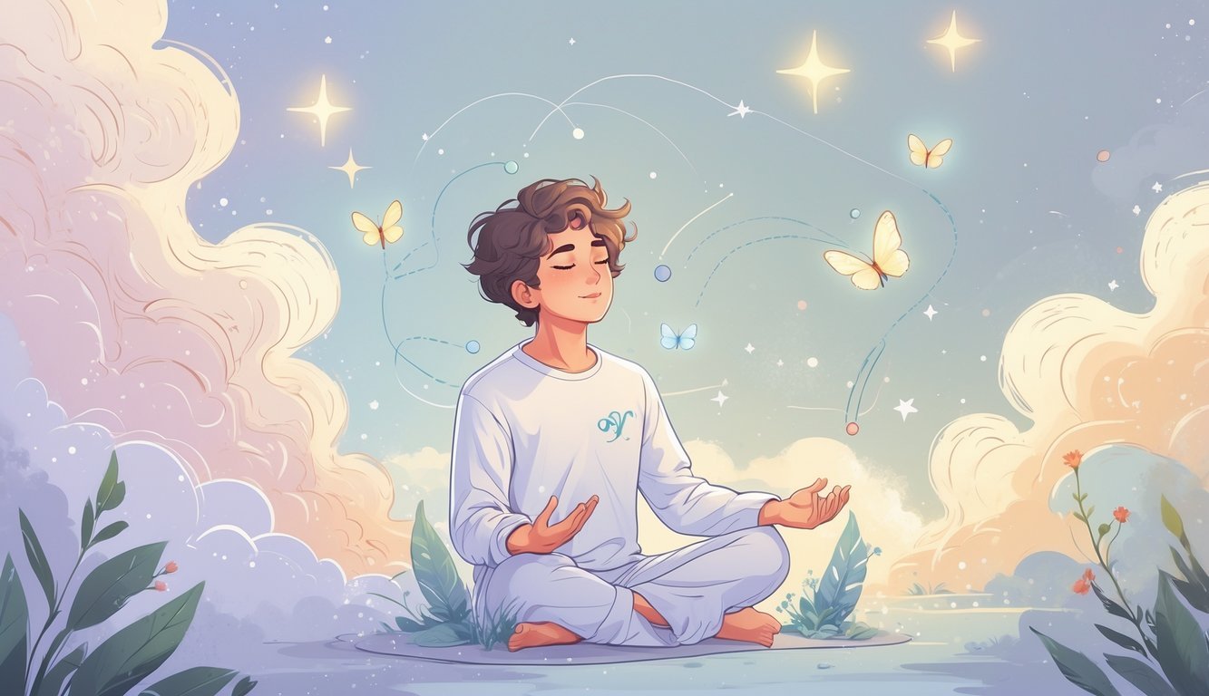 A person meditating peacefully outdoors with symbols of transformation and clarity surrounding them, including butterflies and stars.