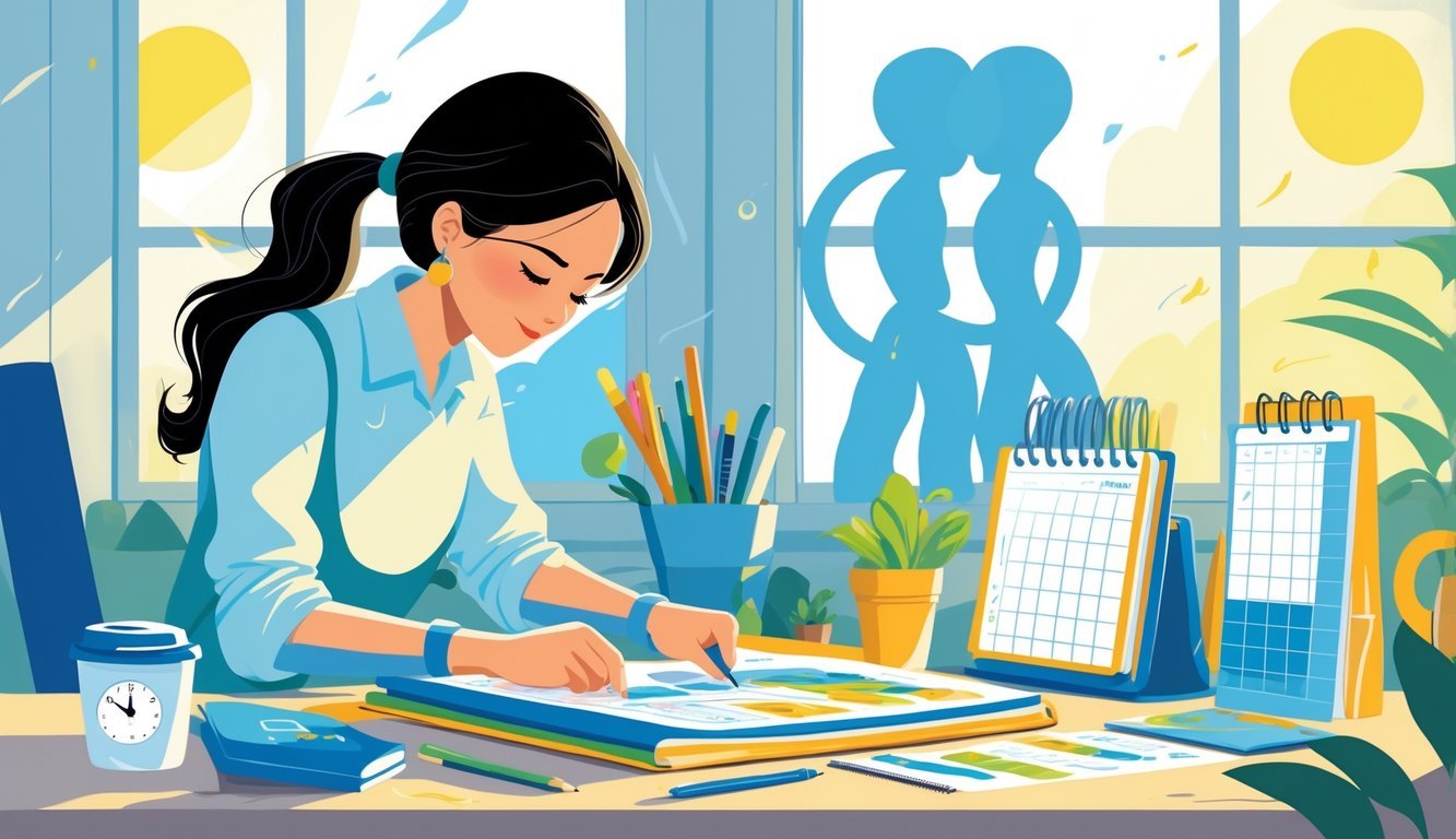 A person organizing a colorful daily planner at a desk with symbolic twin figures in the background, surrounded by a clock, coffee cup, and plant, representing building steady routines.