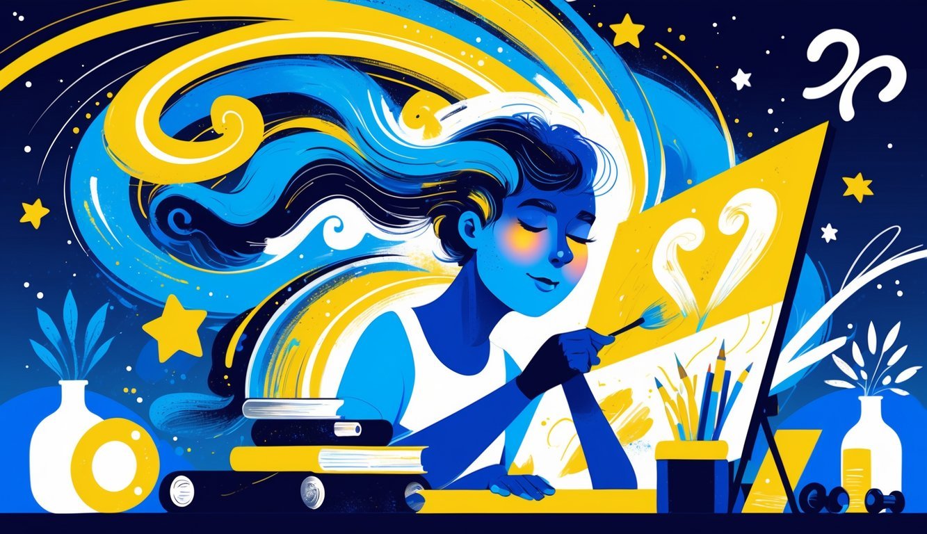 A person surrounded by swirling energy, painting on a canvas and sketching, with exercise equipment nearby, representing channeling restless energy into creative hobbies and exercise.