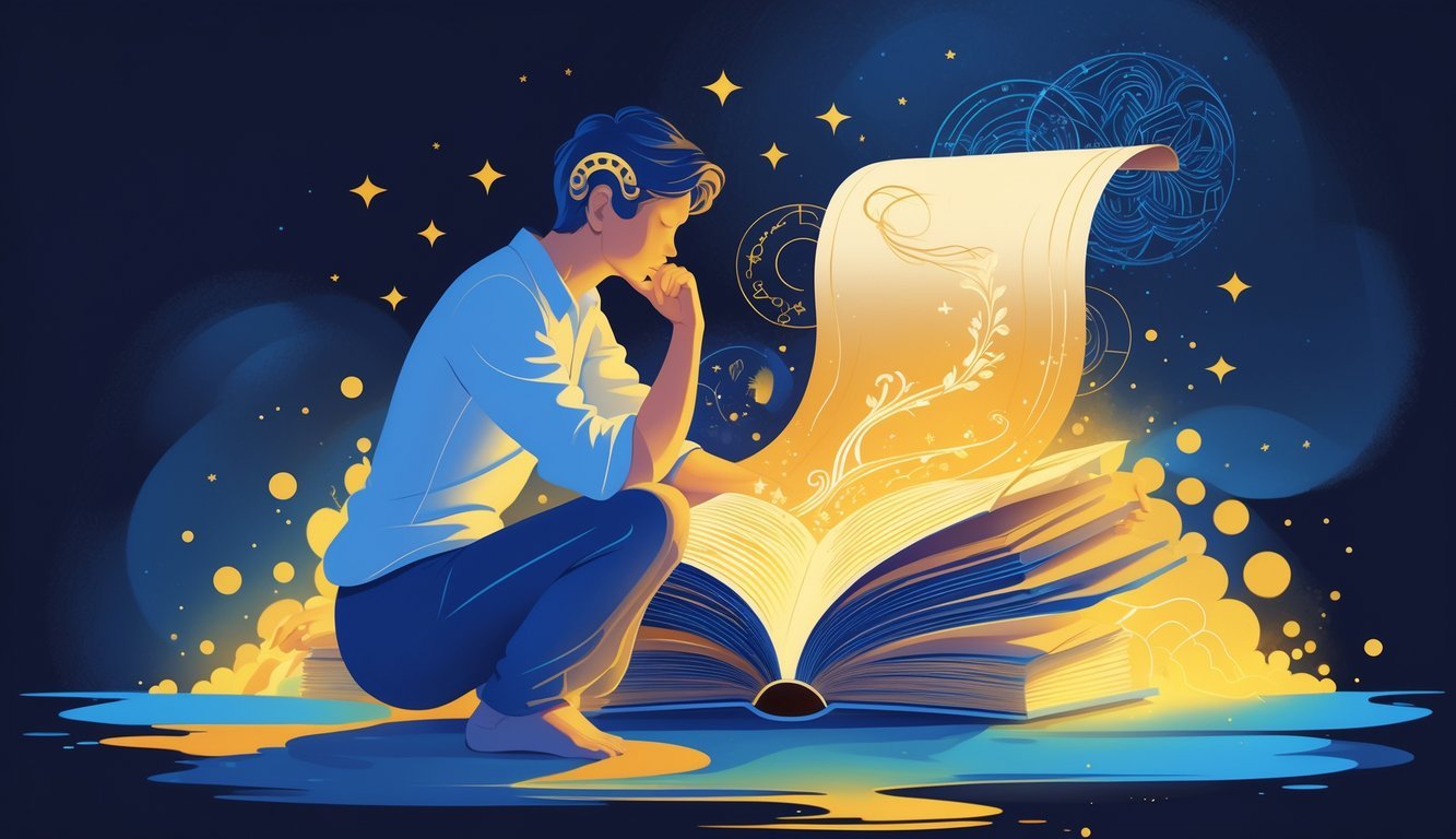 A person with twin motifs studying a glowing book surrounded by shapes transforming from shadows into vibrant forms, symbolizing growth and deeper understanding.