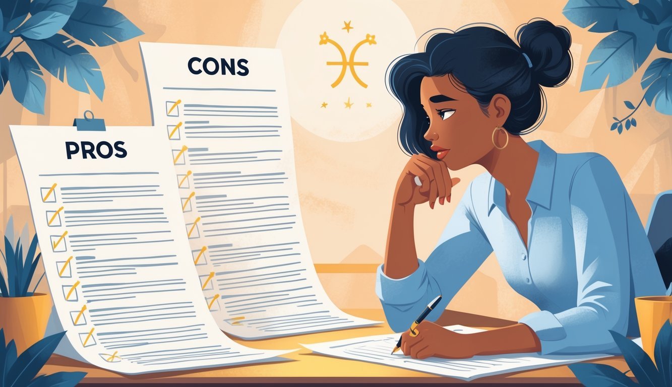 A person sitting at a desk thoughtfully reviewing two lists labeled pros and cons, with twin symbols and a constellation in the background.
