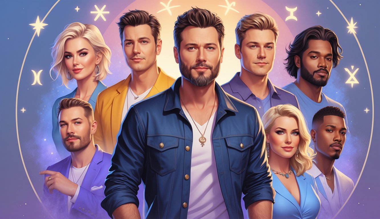 Eight famous celebrities including Blake Shelton posed together with expressions showing energy and versatility, set against a soft starry background with zodiac motifs.