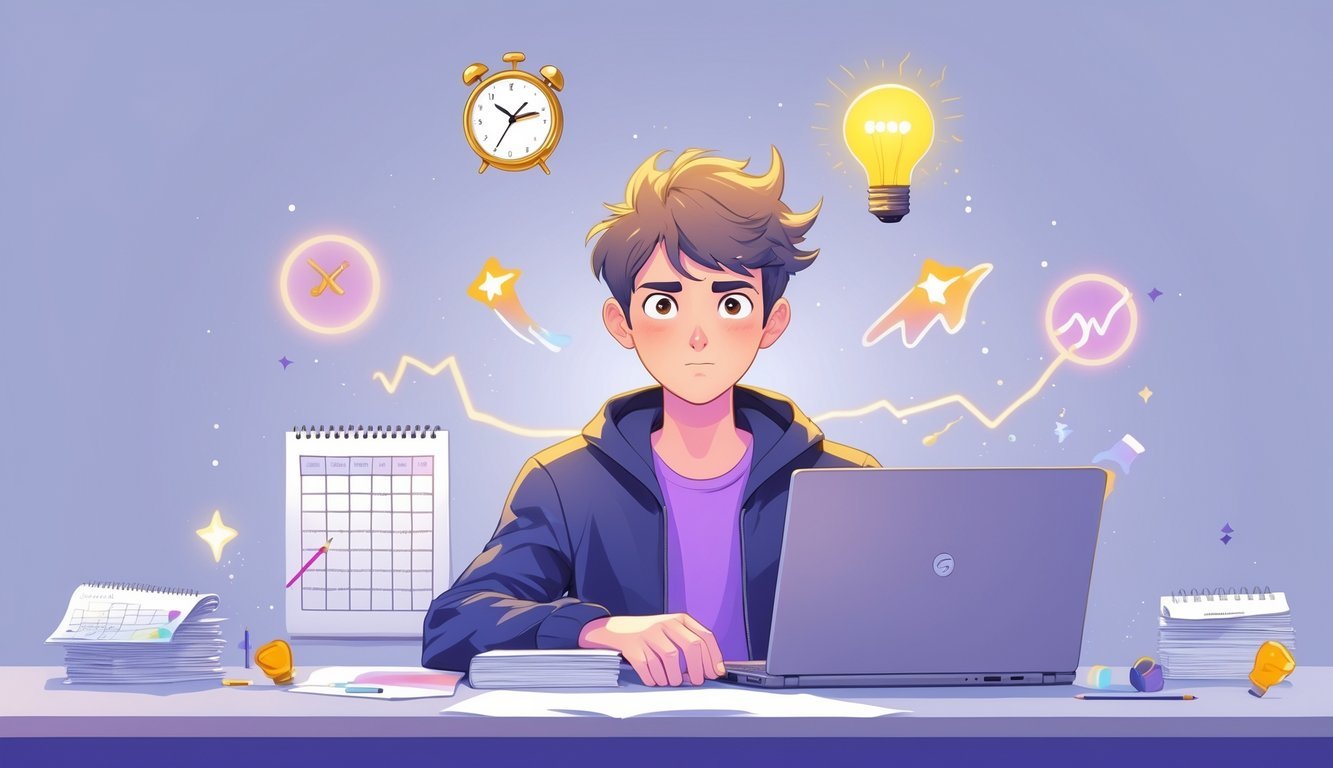 A person sitting at a desk with a planner and laptop, surrounded by symbolic objects representing challenges and their positive transformations.