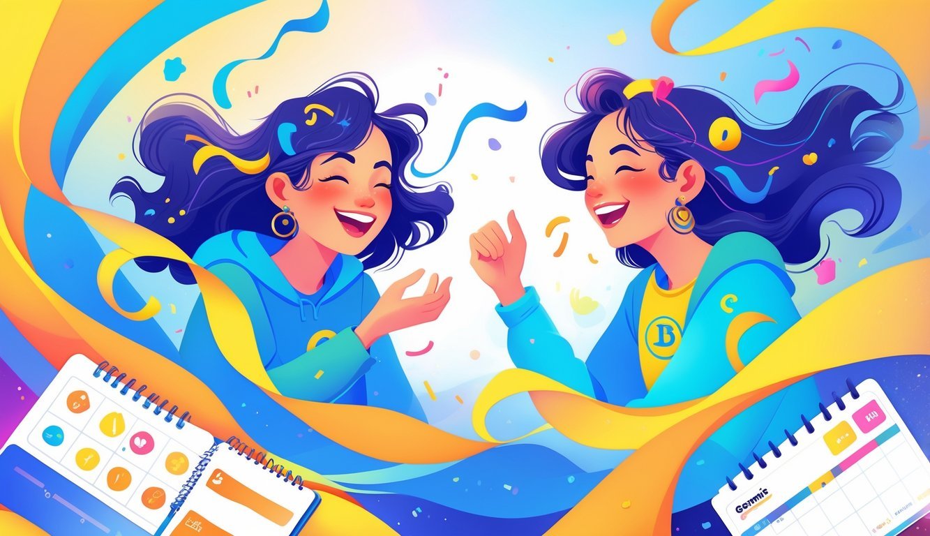 Two joyful people surrounded by colorful flowing shapes, engaged in a lively conversation with symbols representing Gemini nearby.