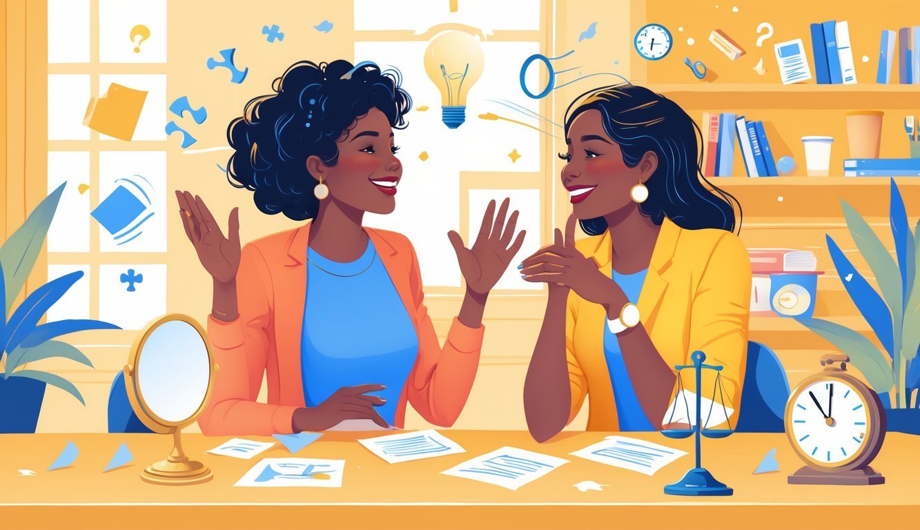Two women having a positive and engaging conversation in a bright, welcoming space with symbolic elements representing personal growth and communication.