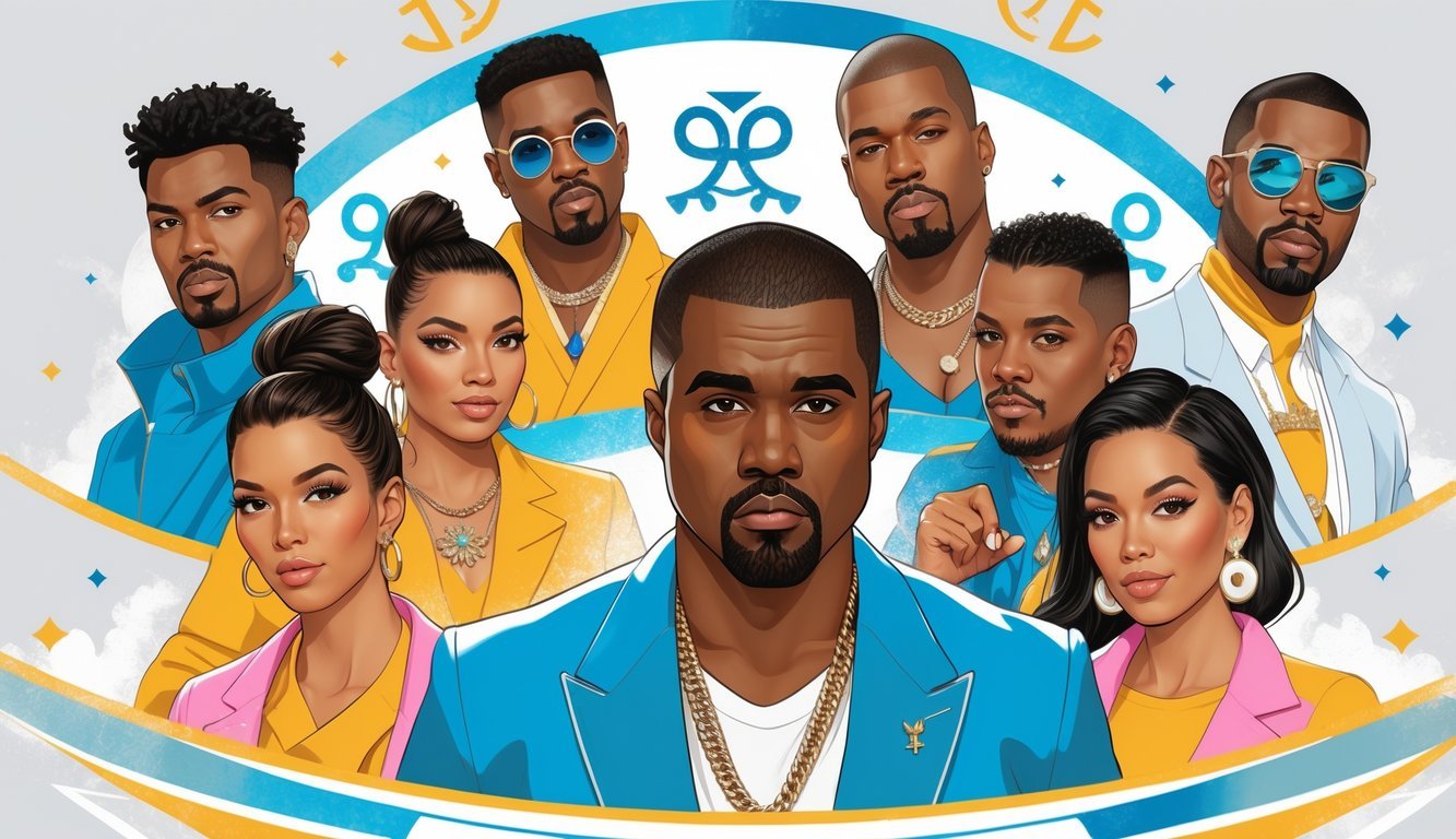 A group of eight famous celebrities, including Kanye West in the center, depicted together with lively expressions and gestures, surrounded by subtle twin and zodiac symbols.