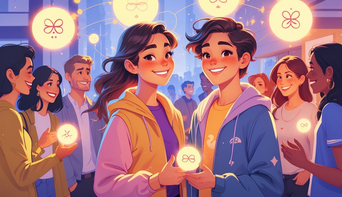 Two smiling individuals standing close together, surrounded by six glowing symbols, with a group of happy people engaged around them in a warm and friendly setting.