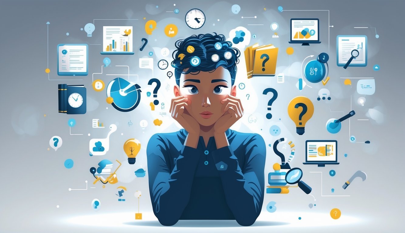 A person with two mirrored faces surrounded by floating books, charts, clocks, and question marks, appearing thoughtful and curious as they process information.