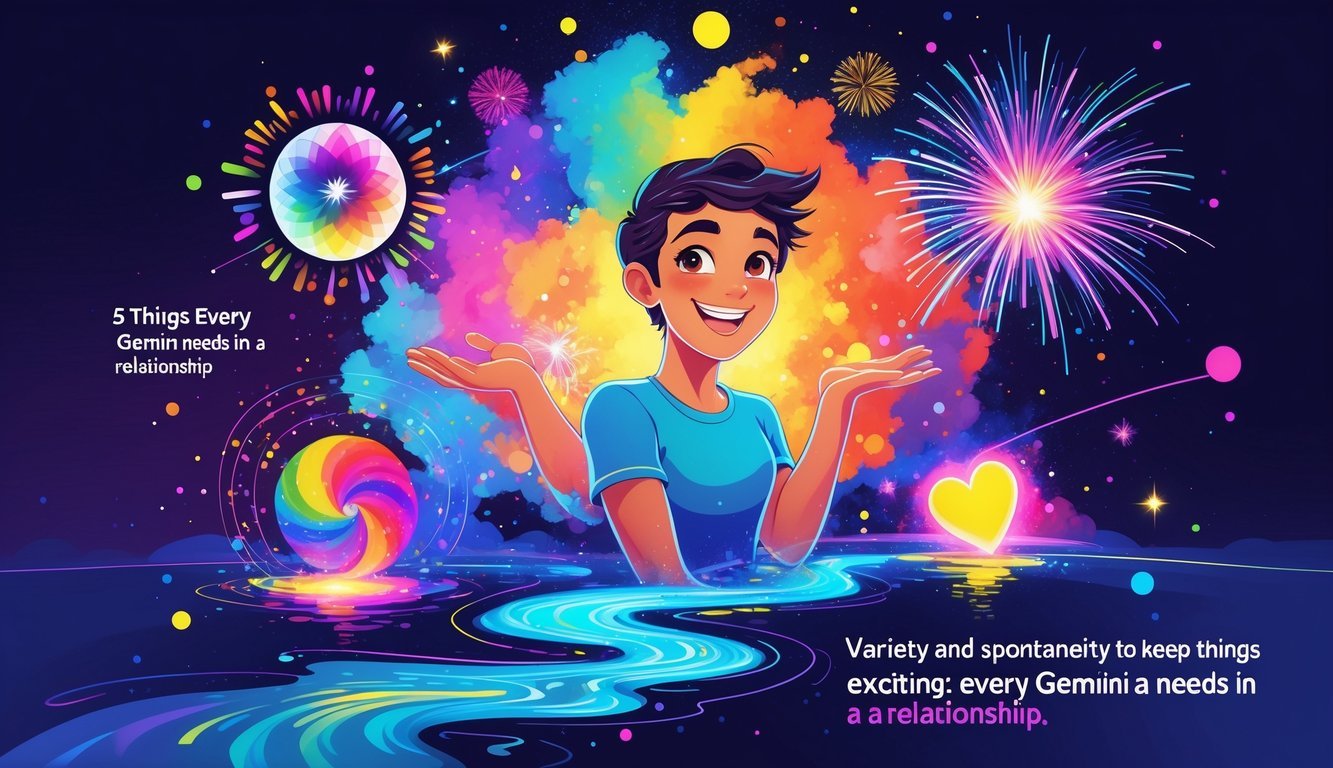A lively young person surrounded by colorful symbols including a kaleidoscope, fireworks, twins, a flowing river, and a glowing heart, set against a bright, shifting background with stars.