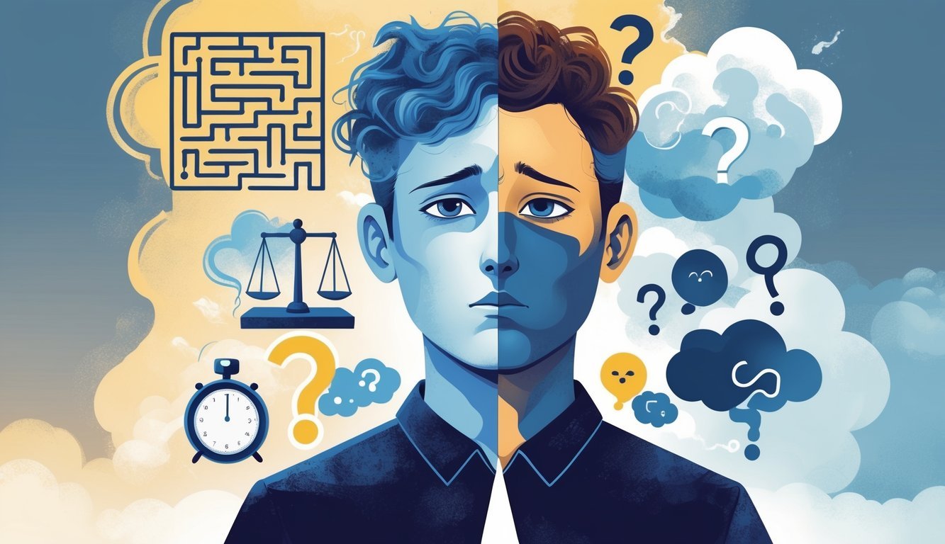 A person with a split face showing calm and anxious expressions, surrounded by symbols like paths, scales, clocks, and question marks representing difficulty in making decisions.