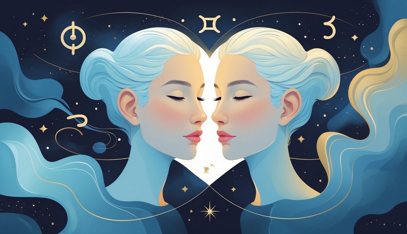 Two human faces side by side blending together with cosmic stars and zodiac symbols in the background, surrounded by flowing abstract shapes.