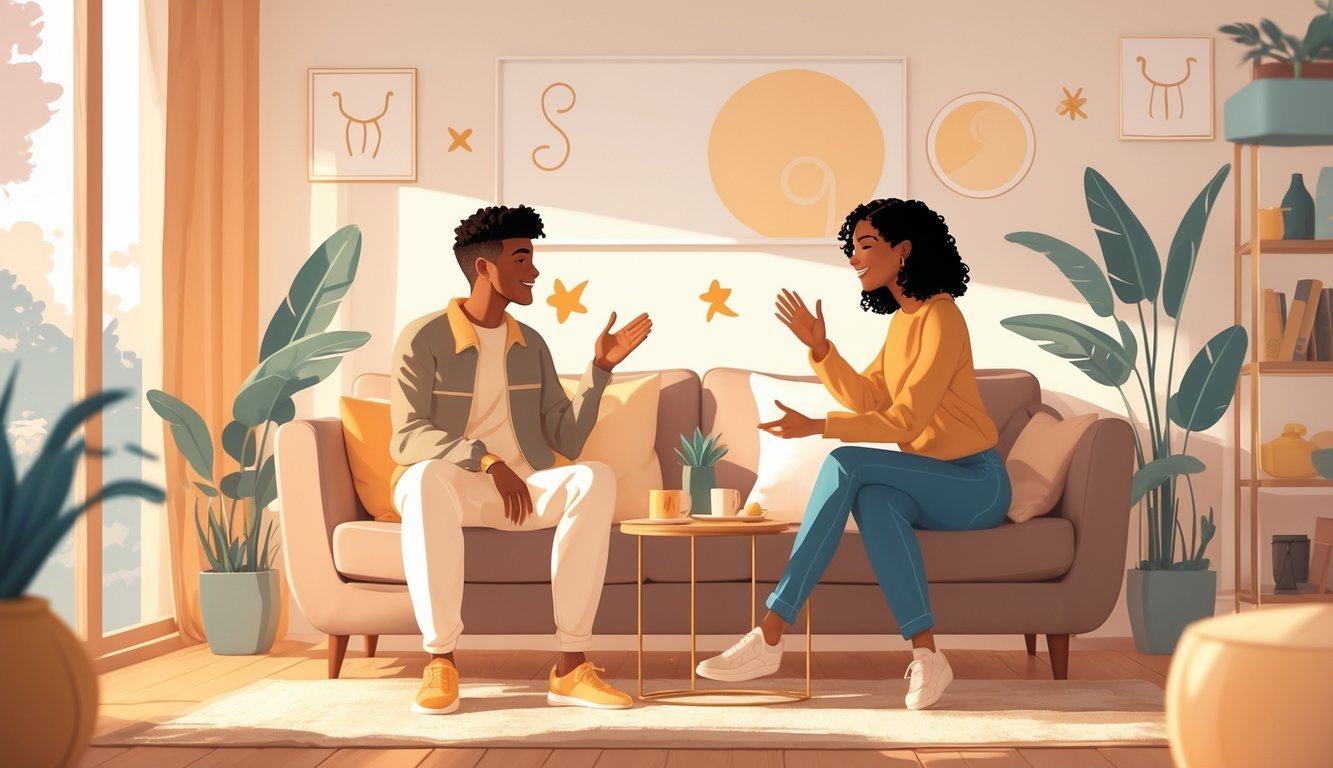 Two people sitting on a sofa in a cozy room, one speaking animatedly while the other listens attentively with a gentle smile.