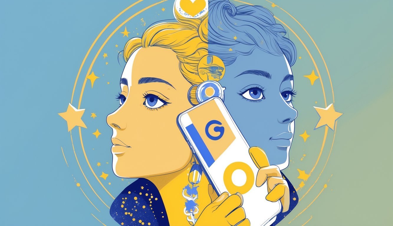 A person with two faces looking in opposite directions, holding a phone and a heart symbol, with zodiac stars and Gemini twins symbol in the background.