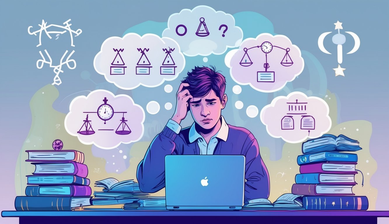 A person sitting at a desk surrounded by books and papers, looking overwhelmed with many thought bubbles showing different choices and outcomes around their head.