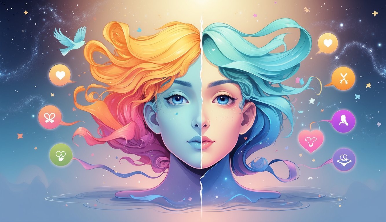 A figure representing Gemini with two contrasting halves surrounded by five symbols representing communication, trust, independence, emotional balance, and fun, set against a cosmic background with zodiac stars.