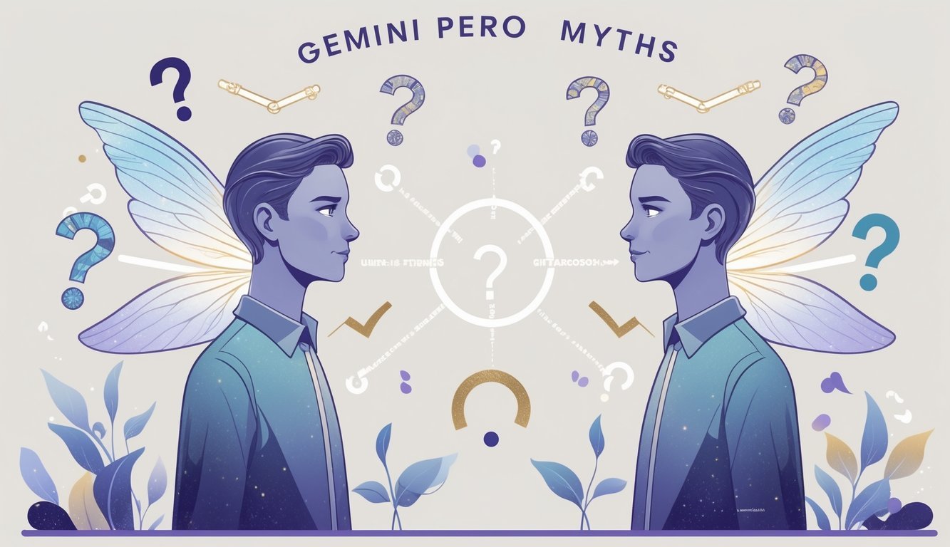 Two identical figures representing Gemini twins standing side by side with abstract symbols around them fading away, symbolizing the debunking of myths about Geminis.
