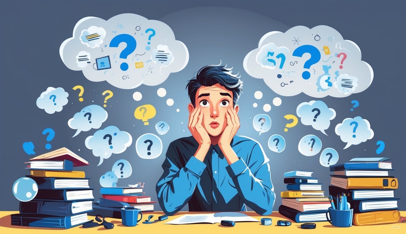 A young adult with two expressions sits at a desk surrounded by various options and floating thought bubbles, showing hesitation and indecision.