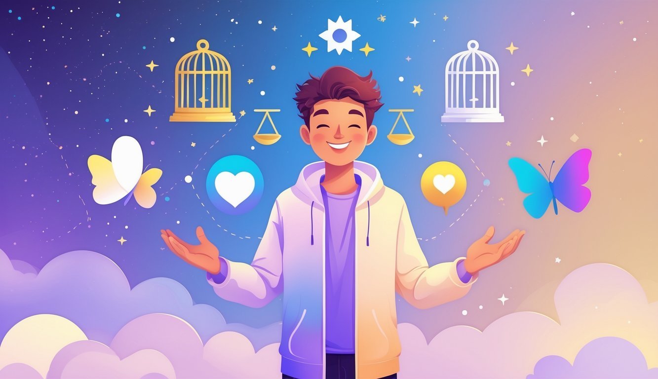 A person representing Gemini with two mirrored halves stands with open arms surrounded by five floating symbols including an open cage, balanced scales, a heart, a speech bubble, and a butterfly, set against a starry, cosmic background.