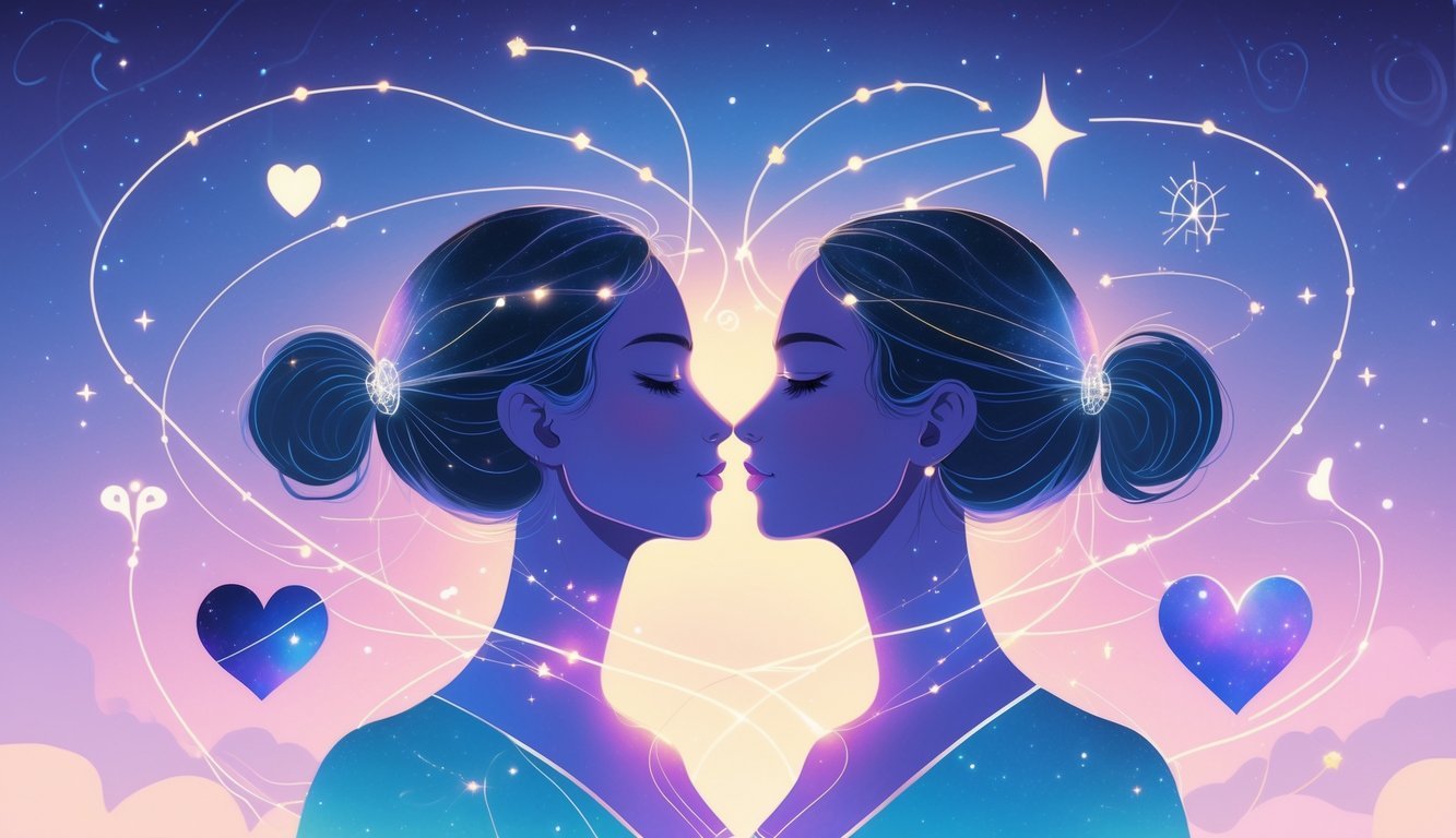 Two intertwined figures facing opposite directions connected by glowing threads to symbols of relationships against a celestial background.