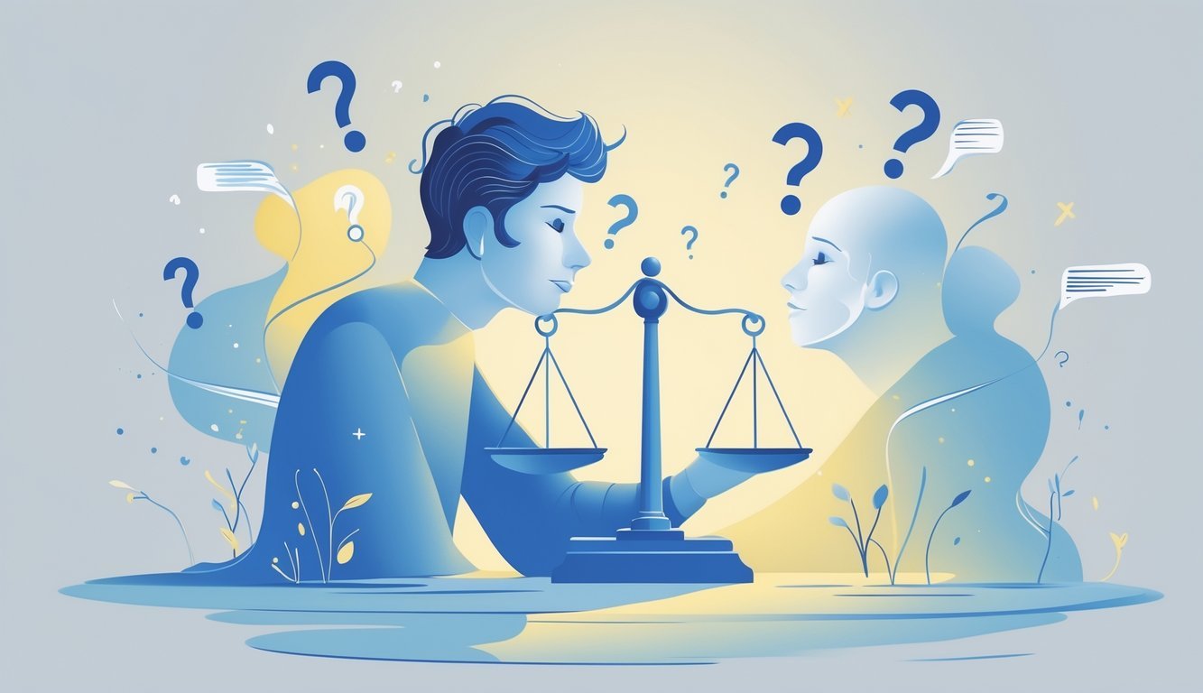A person with two faces looking in opposite directions, standing near a balanced scale with pros and cons, surrounded by multiple pathways and question marks.