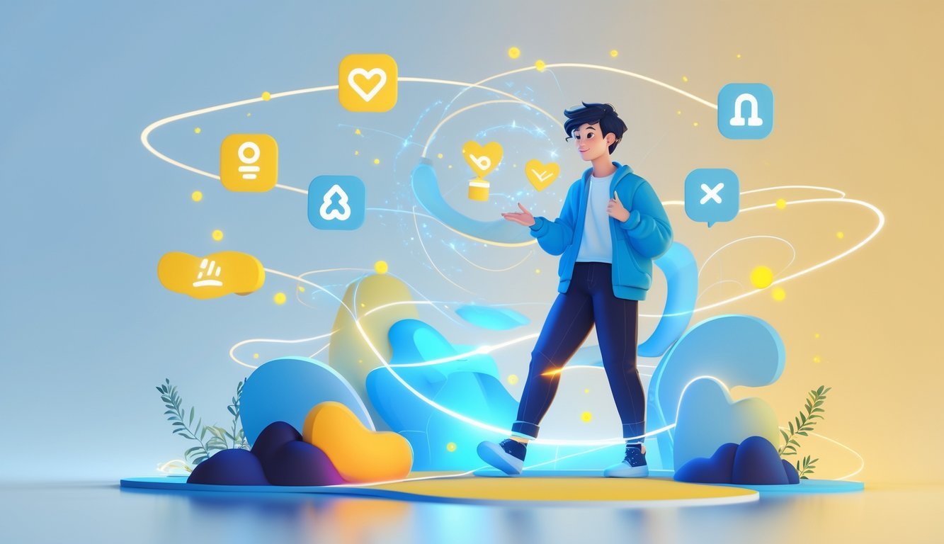 A person with two expressions surrounded by glowing symbols and floating shapes representing ideas and connection.