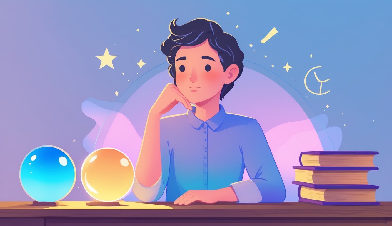 A person sitting at a table thoughtfully deciding between two objects, with a calm expression and a background featuring subtle stars and zodiac symbols.