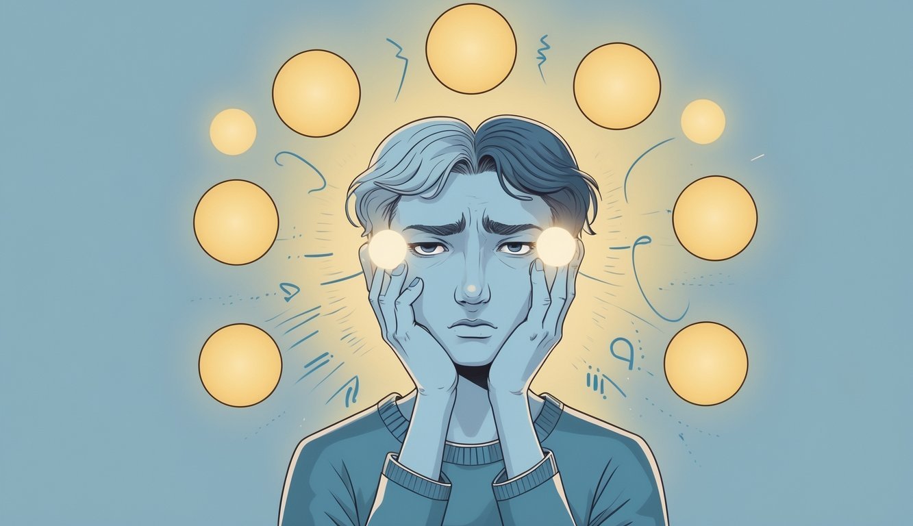 A person with two faces showing different emotions surrounded by eight glowing symbols, representing emotional struggles with decision-making.