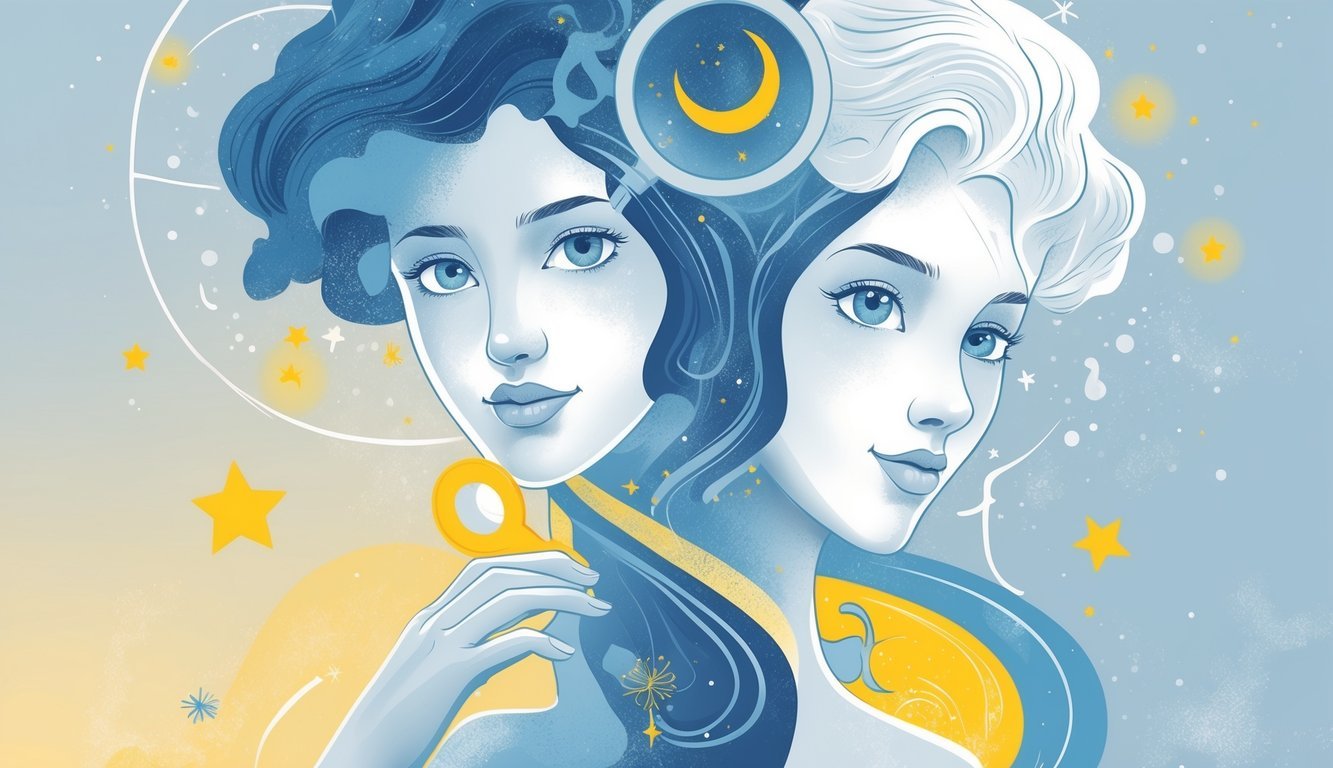 Two intertwined figures representing Gemini's curious and intellectual nature alongside a more superficial side, surrounded by abstract zodiac symbols.
