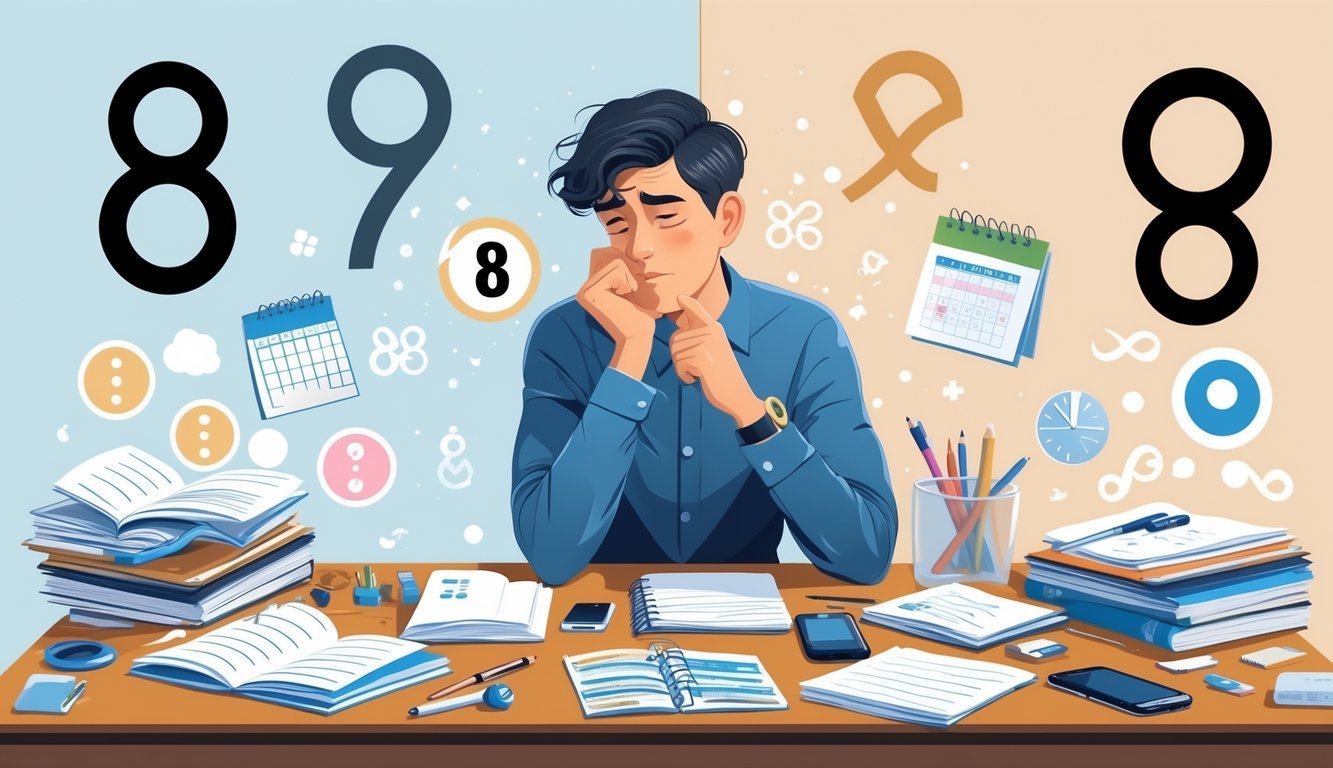 A person sitting at a desk surrounded by notebooks and papers, looking thoughtful and conflicted while considering two different objects, with subtle Gemini symbols and balanced dual shapes around them.