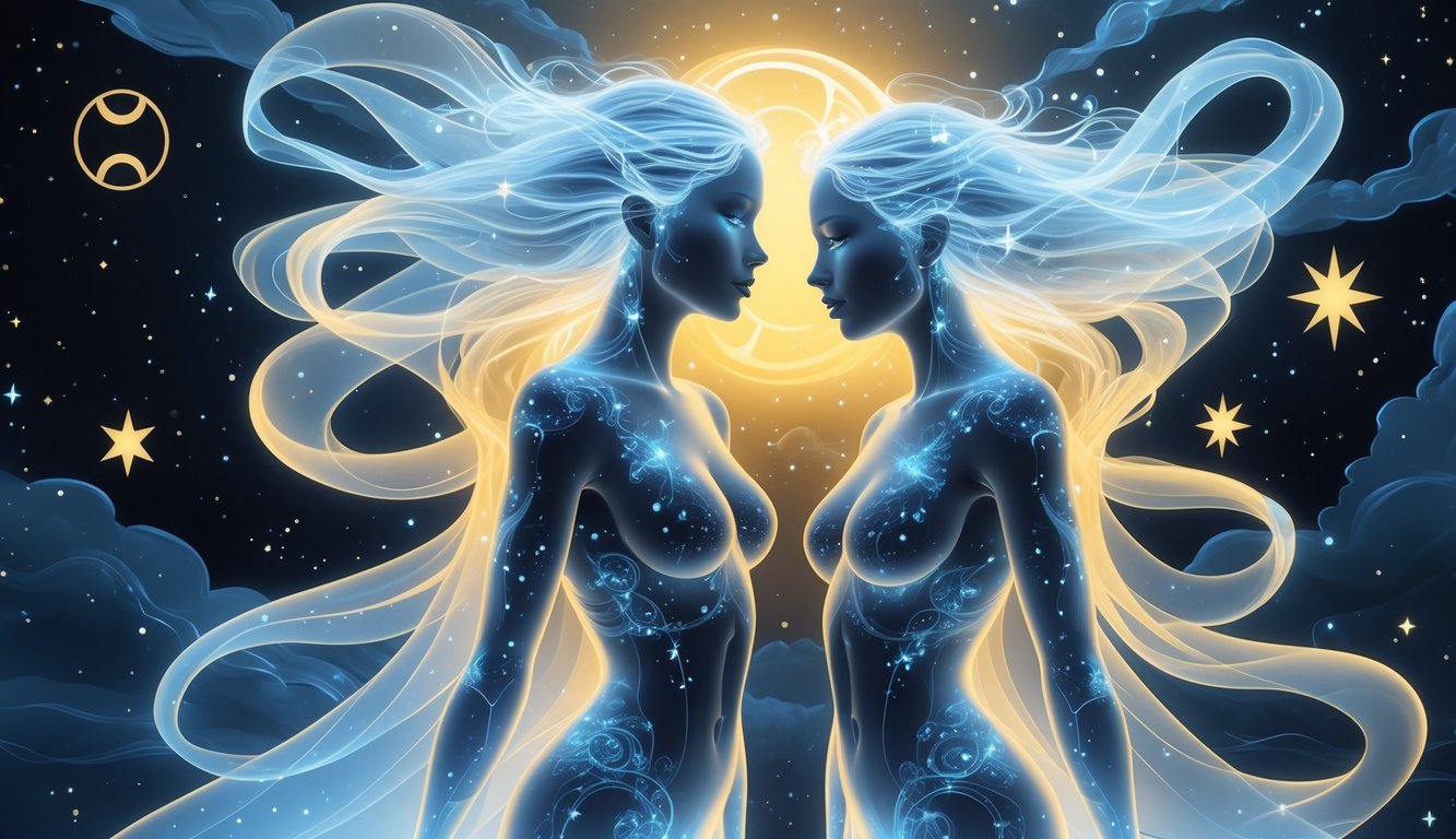 Two translucent, interconnected figures representing Gemini surrounded by stars and cosmic symbols, showing a contrast between calm and intense feelings.
